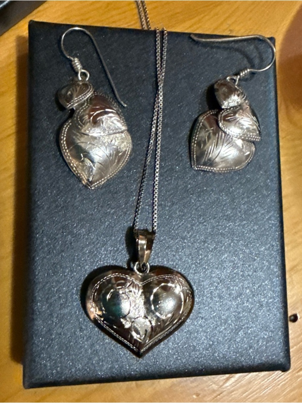 Heart Locket Necklace and Earrings Set - Silver Tone